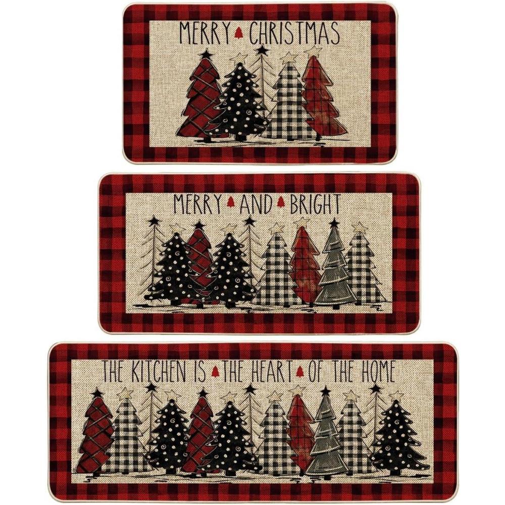 imageArtoid Mode Green Buffalo Plaid Xmas Tree Merry Christmas Kitchen Mats Set of 2 Winter Home Decor LowProfile Kitchen Rugs for Floor 17x29 and 17x47 InchRedBeige