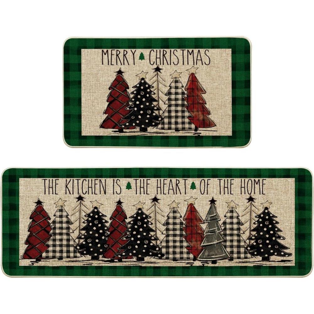 imageArtoid Mode Green Buffalo Plaid Xmas Tree Merry Christmas Kitchen Mats Set of 2 Winter Home Decor LowProfile Kitchen Rugs for Floor  17x29 and 17x47 InchGreenBeige