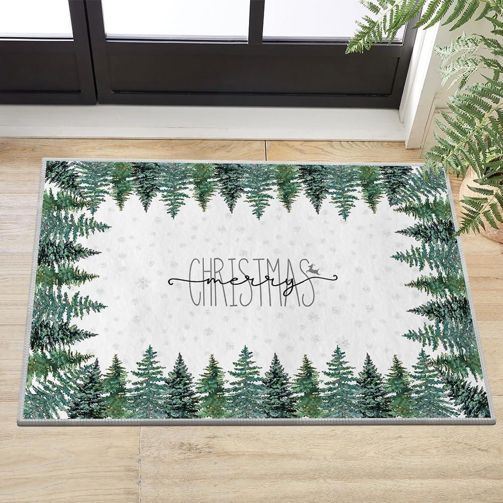 imageArtoid Mode Green Pine Tree Merry Christmas Door Mat Xmas Winter Home Decor LowProfile NonSlip Washable Rug for Kitchen Entryway Bedroom Bathroom Laundry Room Indoor 2x3 FeetGreenWhite