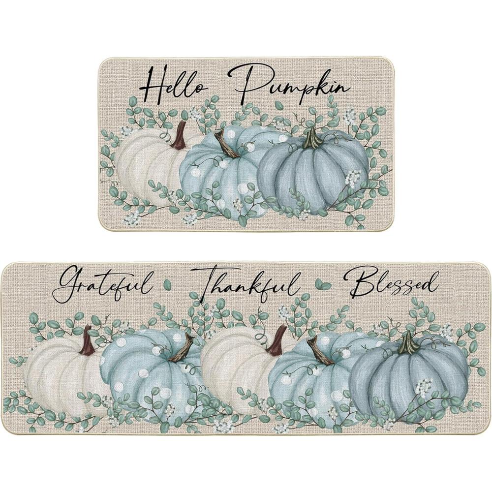 imageArtoid Mode Hello Pumpkin Eucalyptus Fall Kitchen Mats Set of 2 Thanksgiving Home Decor LowProfile Kitchen Rugs for Floor  17x29 and 17x47 InchBlue
