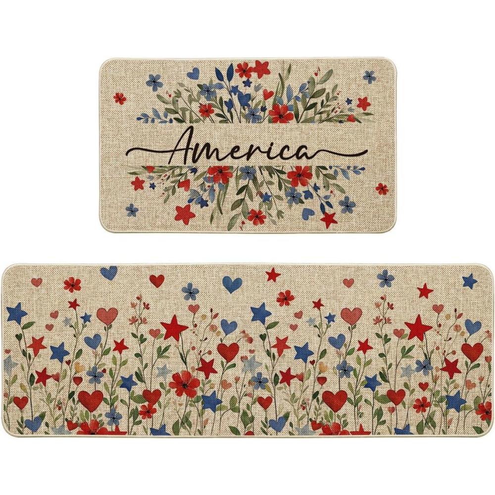 imageArtoid Mode Multicolor Floral Stars America 4TH of July Patriotic Kitchen Mats Set of 2 Memorial Day Home Decor Kitchen Rugs for Floor  17x29 and 17x47 Inch