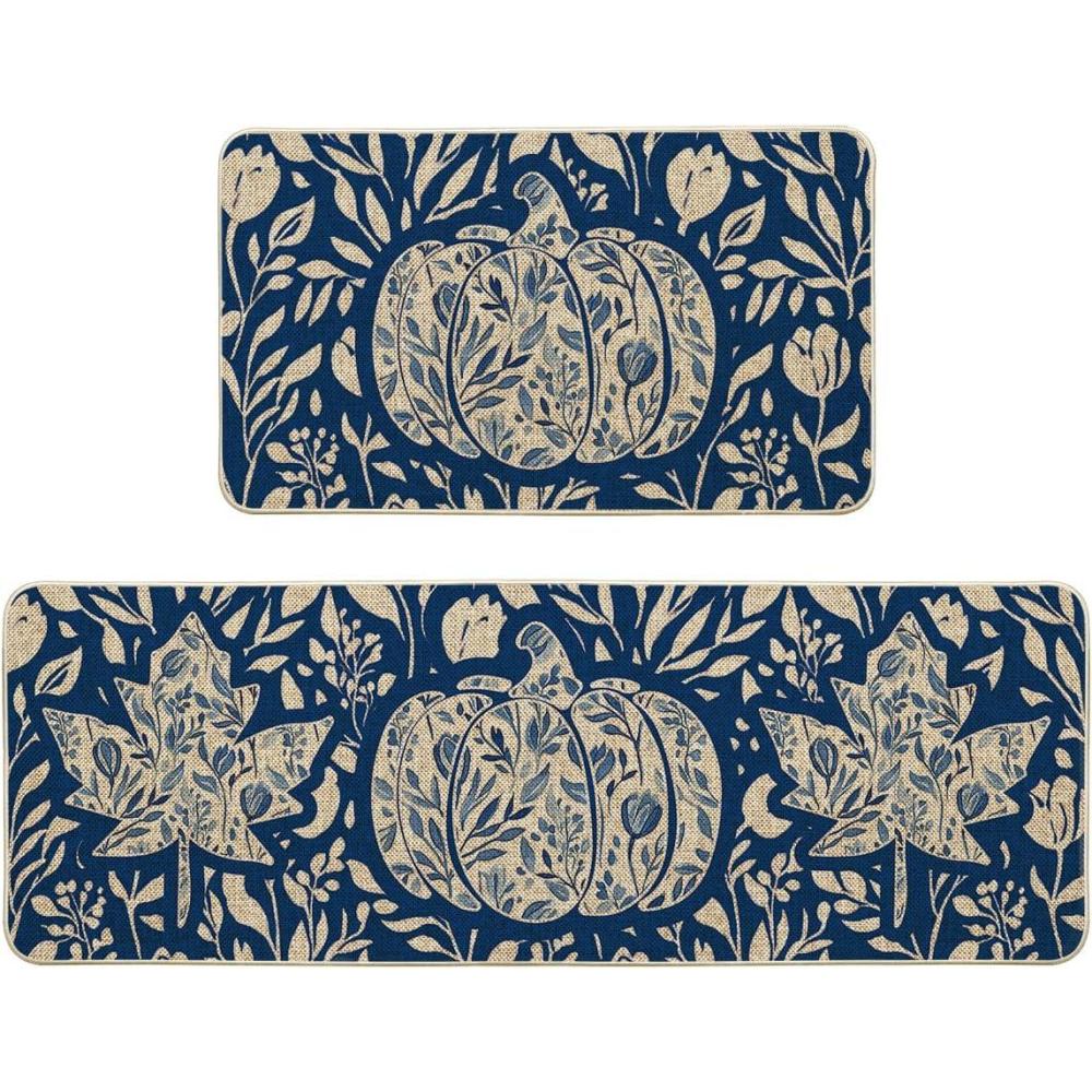 imageArtoid Mode Orange Flower Pumpkin Fall Kitchen Mats Set of 2 Autumn Home Decor LowProfile Kitchen Rugs for Floor  17x29 and 17x47 InchBlue