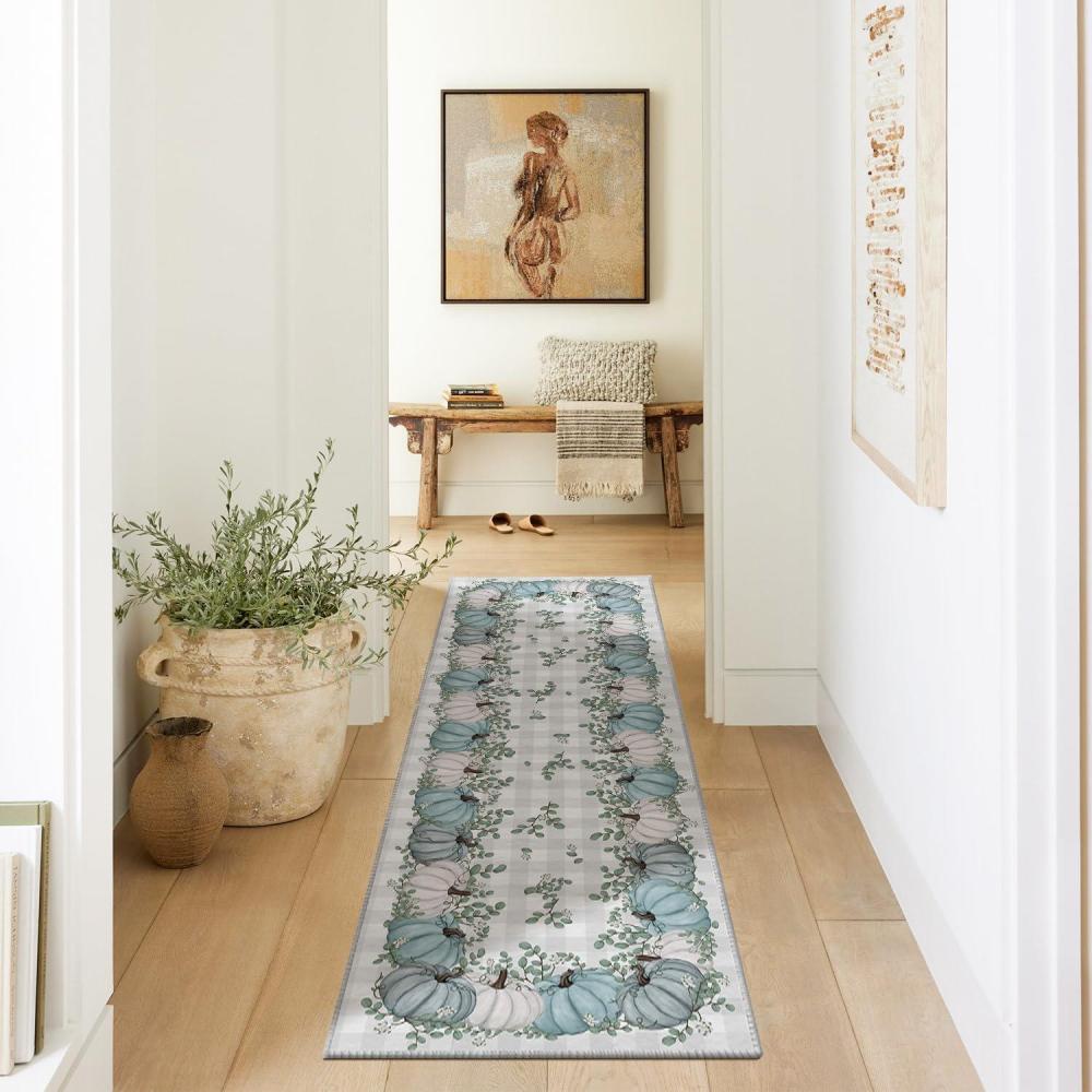 imageArtoid Mode Orange Pumpkins Eucalyptus Leaves Fall Area Rug Autumn Thanksgiving Home Decor LowProfile Washable Area Rugs for Entryway Bedroom Living Room Laundry Room Indoor 5x7 FeetBlue