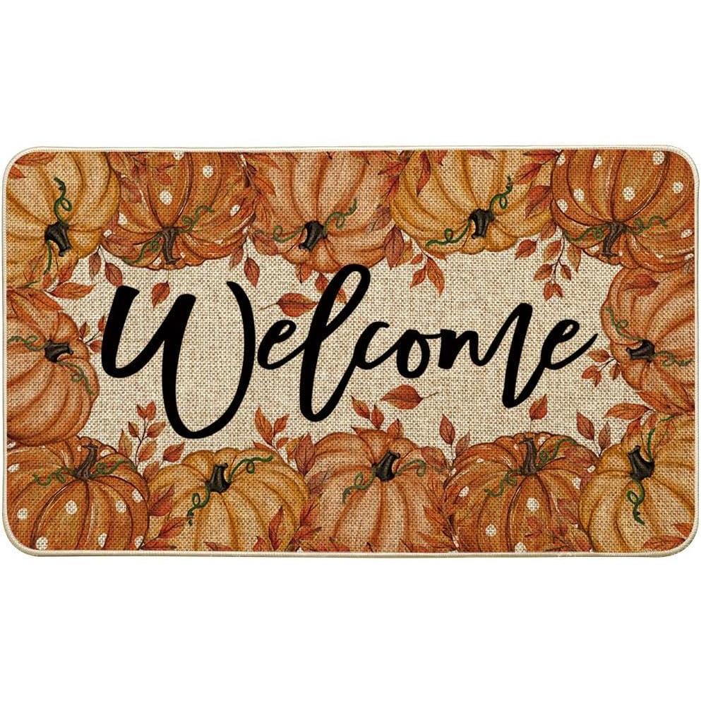 imageArtoid Mode Orange Pumpkins Maple Leaves Welcome Fall Doormat Autumn Home Decor LowProfile Switch Rug Door Mat for Indoor Outdoor 17x29 InchOrange