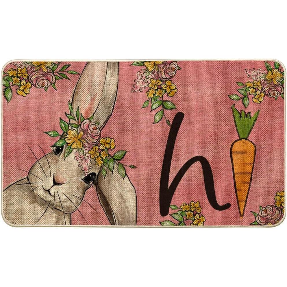 imageArtoid Mode Pink Hi Rabbit Bunny Carrot Flower Easter Doormat Home Decor LowProfile Switch Rug Door Mat Floor Mat for Indoor Outdoor 17x29 Inch