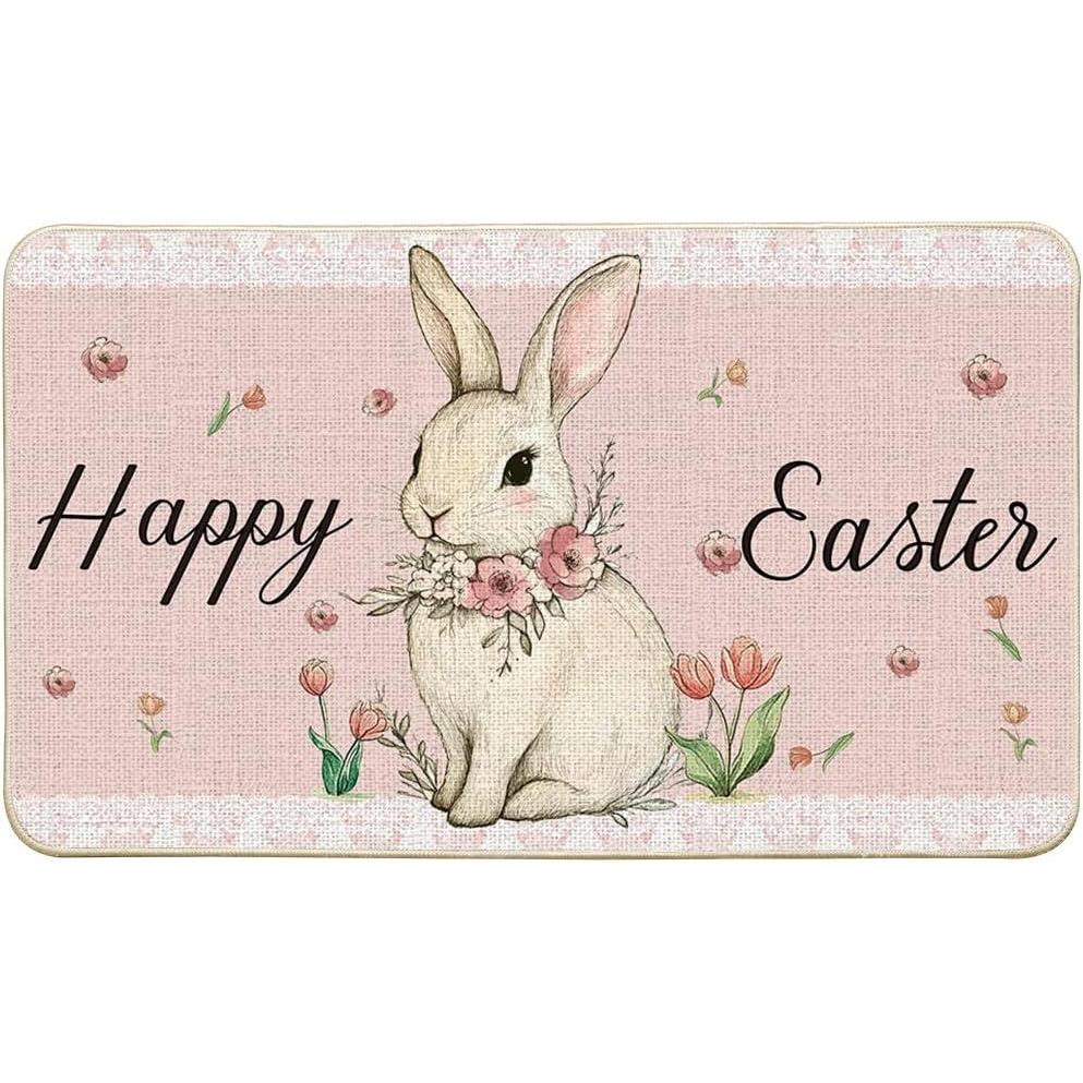 imageArtoid Mode Pink Rabbit Bunny Carrots Flowers Happy Easter Doormat Home Decor LowProfile Switch Rug Door Mat Floor Mat for Indoor Outdoor 17x29 Inch