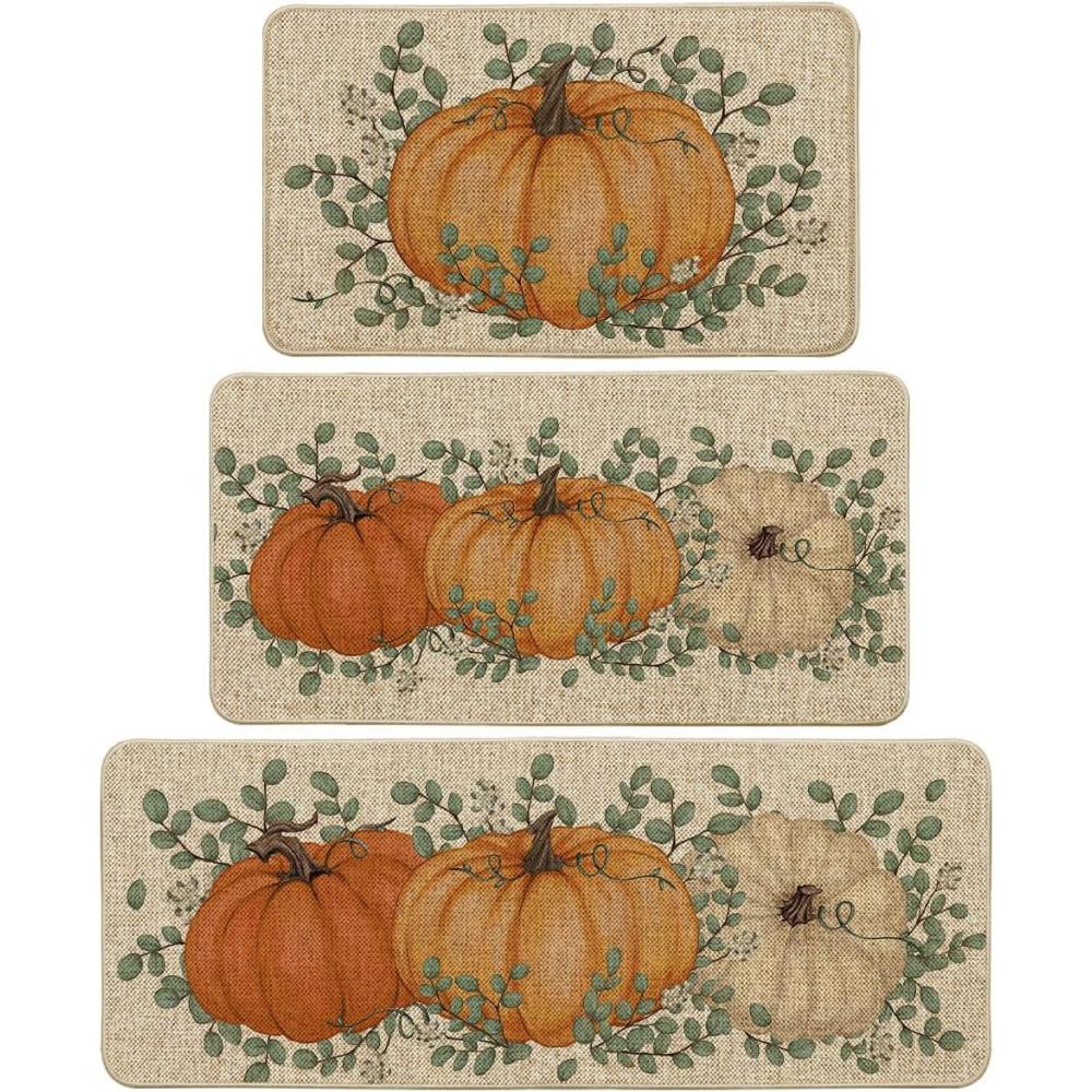 imageArtoid Mode Pumpkin Eucalyptus Fall Kitchen Mats Set of 2 Home Decor LowProfile Kitchen Rugs for Floor  17x29 and 17x47 InchOrange