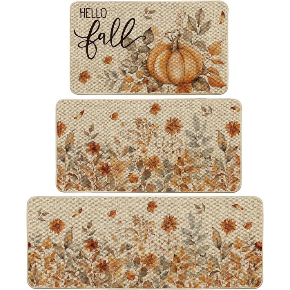 imageArtoid Mode Pumpkin Sunflowers Hello Fall Kitchen Mats Set of 2 Autumn Home Decor LowProfile Kitchen Rugs for Floor  17x29 and 17x47 InchBeige