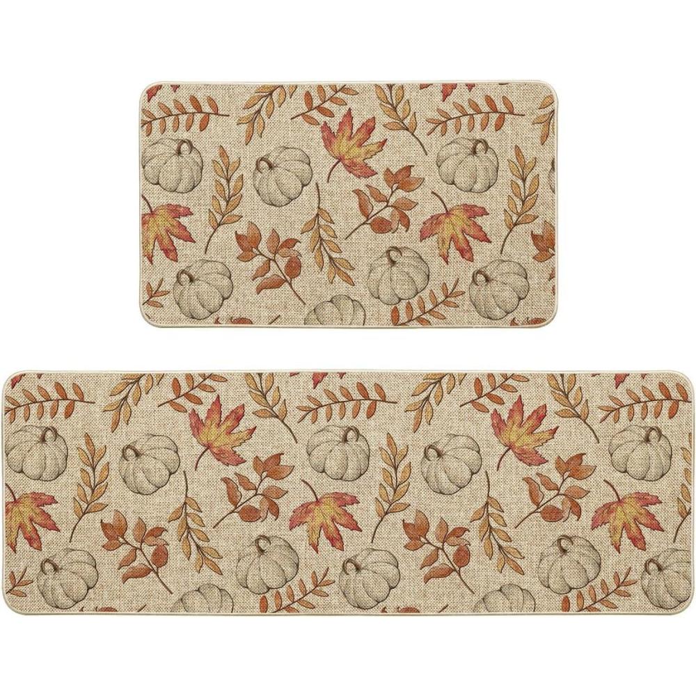imageArtoid Mode Pumpkins Fall Kitchen Mats Set of 2 Autumn Maple Leaves Home Decor LowProfile Kitchen Rugs for Floor  17x29 and 17x47 InchBeige
