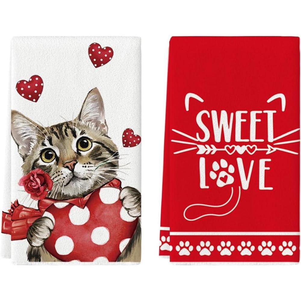 imageArtoid Mode Red Cat Heart Scarf Sweet Love Valentines Kitchen Towels Dish Towels 18x26 Inch Anniversary Wedding Decoration Hand Towels Set of 2