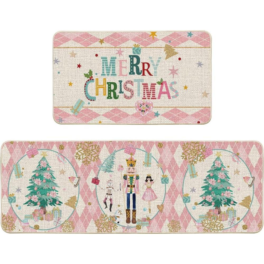 imageArtoid Mode Red Diamond Plaid Nutcracker Merry Christmas Kitchen Mats Set of 2 Winter Decor LowProfile Kitchen Rugs for Floor 17x29 and 17x47 InchPink