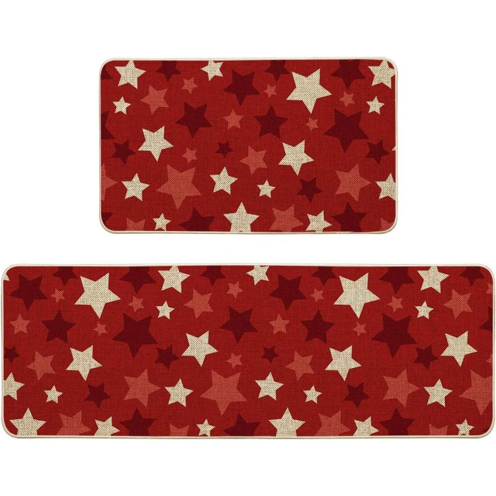 imageArtoid Mode Red Stars Patriotic 4TH of July Kitchen Mats Set of 2 Memorial Day Home Decor Kitchen Rugs for Floor  17x29 and 17x47 Inch