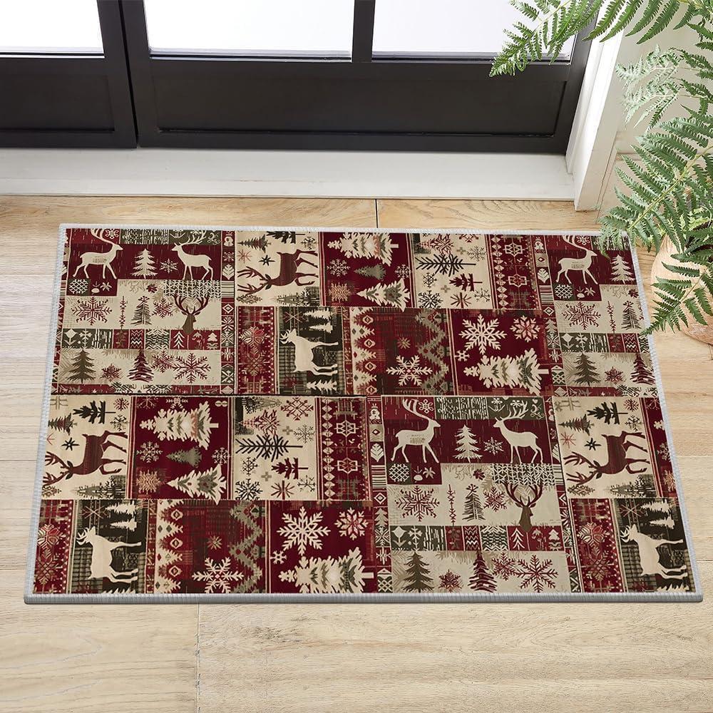 imageArtoid Mode Rustic Buffalo Deer Xmas Tree Snowflakes Christmas Door Mat Winter Home Decor LowProfile NonSlip Washable Area Rug for Kitchen Entryway Bedroom Bathroom Laundry Room Indoor 2x3 FeetRedBeige