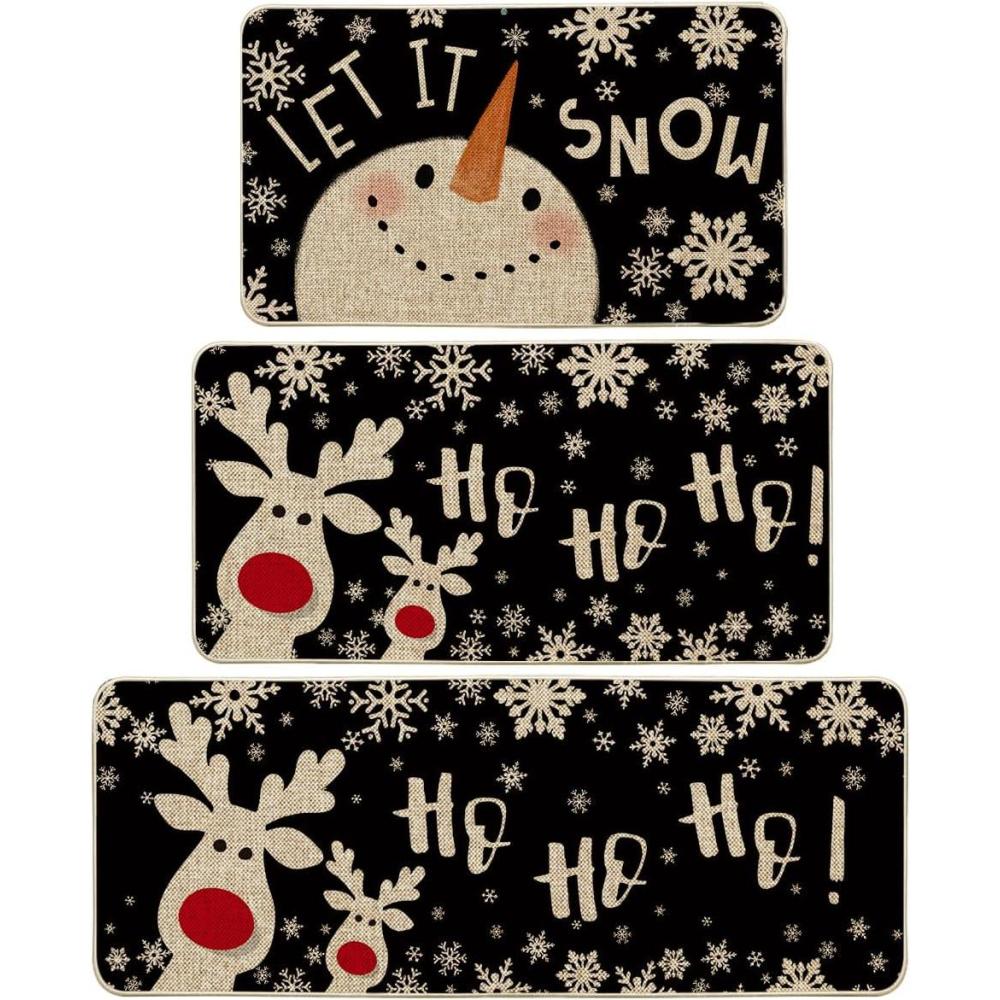imageArtoid Mode Snowman Deer Let It Snow Snowflake Christmas Kitchen Mats Set of 2 Winter Decor LowProfile Kitchen Rugs for Floor  17x29 and 17x47 InchBlack