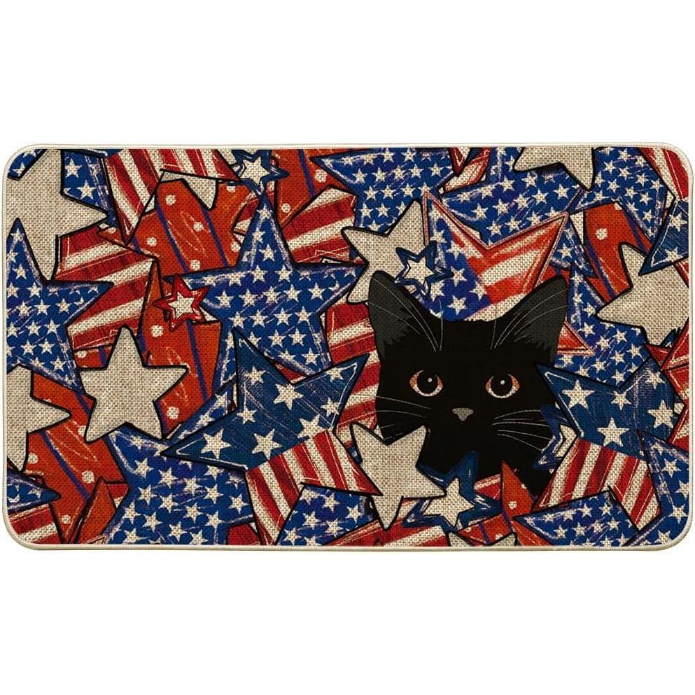 imageArtoid Mode Stars and Black Cat Patriotic 4TH of July Doormat Memorial Day Home Decor LowProfile Switch Rug Door Mat Floor Mat for Indoor Outdoor 17x29 Inch