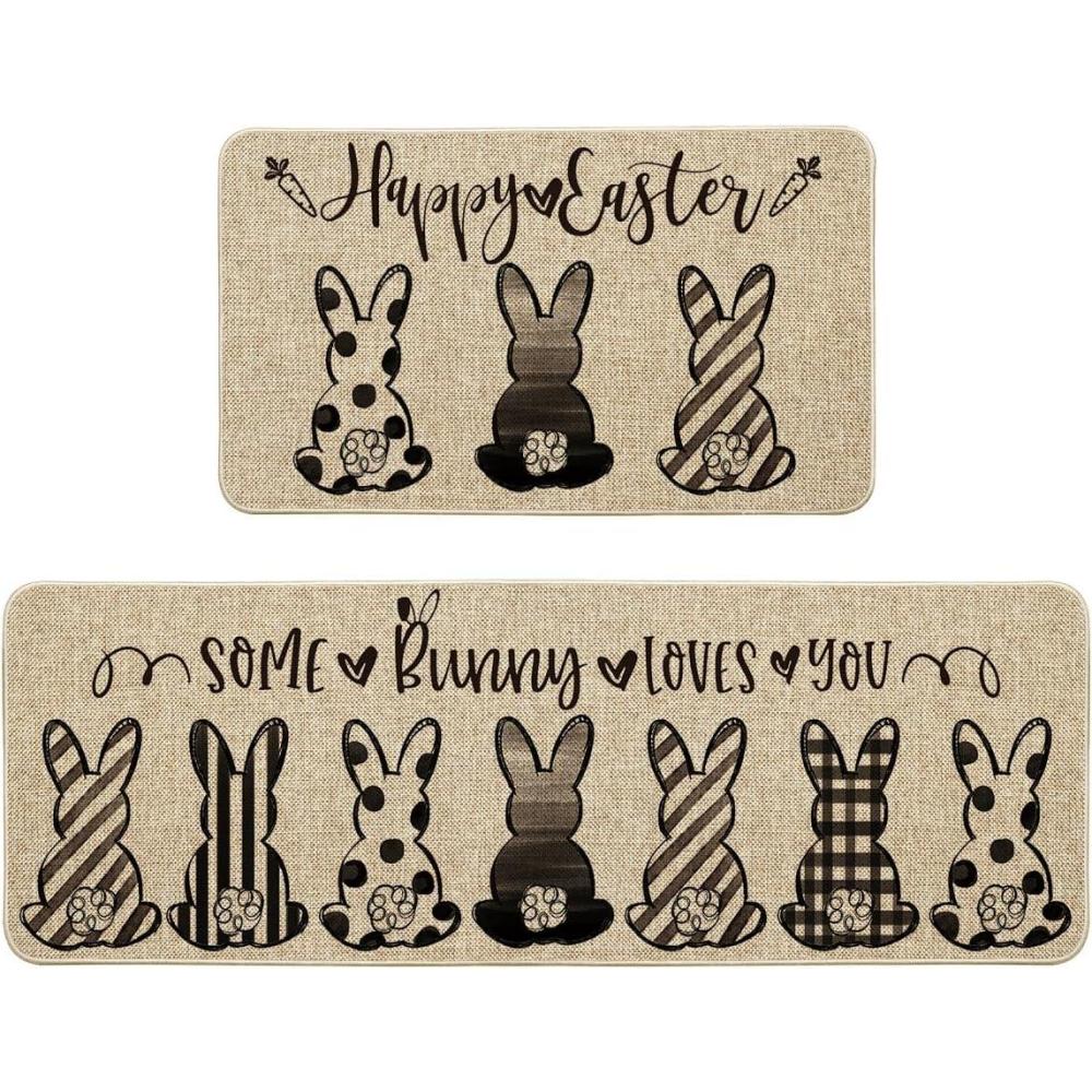 imageArtoid Mode Stripes Dots Bunny Rabbits Happy Easter Kitchen Mats Set of 2 Spring Home Decor LowProfile Kitchen Rugs for Floor  17x29 and 17x47 InchBlack