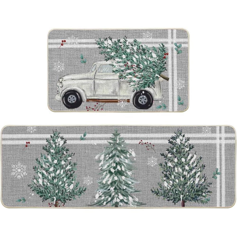 imageArtoid Mode Truck Pine Holly Stripes Christmas Decorative Kitchen Mats Set of 2 Home Decor Party LowProfile Kitchen Rugs  17x29 and 17x47 Inch
