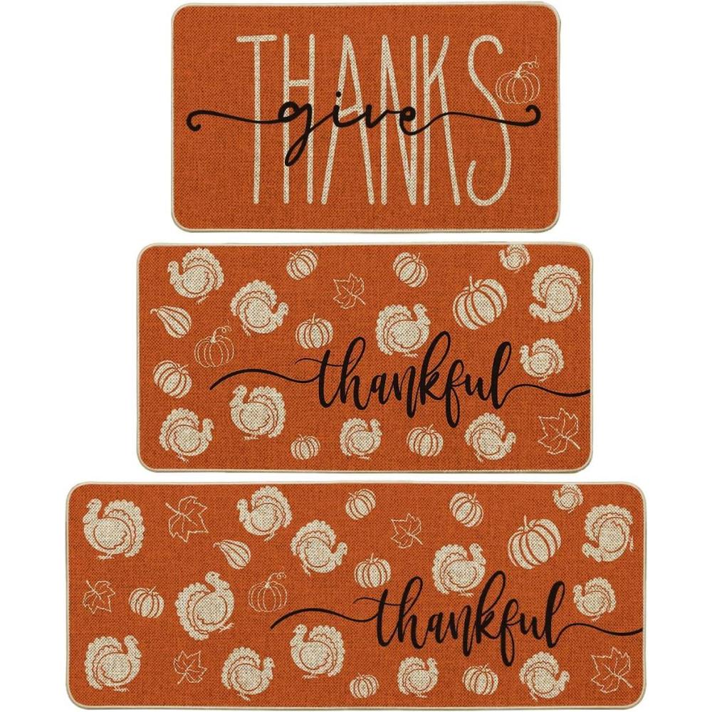 imageArtoid Mode Turkey Pumpkin Maple Leaves Thanksgiving Kitchen Mats Set of 2 Home Decor LowProfile Kitchen Rugs for Floor  17x29 and 17x47 InchOrange