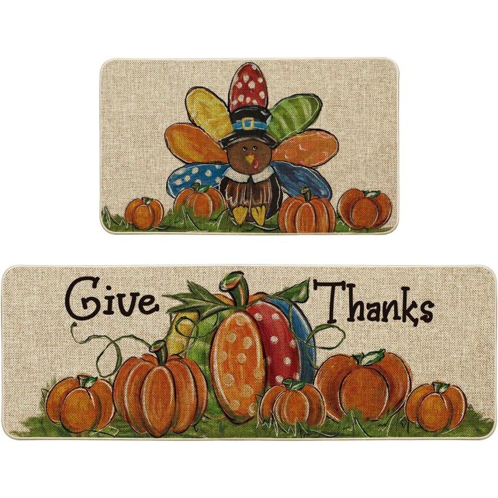 imageArtoid Mode Turkey Pumpkin Thanksgiving Kitchen Mats Set of 2 Give Thanks Home Decor LowProfile Kitchen Rugs for Floor  17x29 and 17x47 Inch