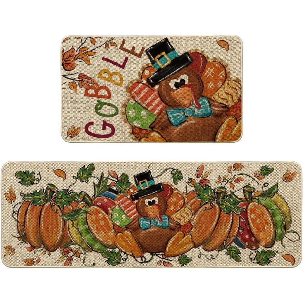 imageArtoid Mode Turkey Thanksgiving Kitchen Mats Set of 2 Gobble Pumpkin Maple Leaves Home Decor LowProfile Kitchen Rugs for Floor  17x29 and 17x47 Inch