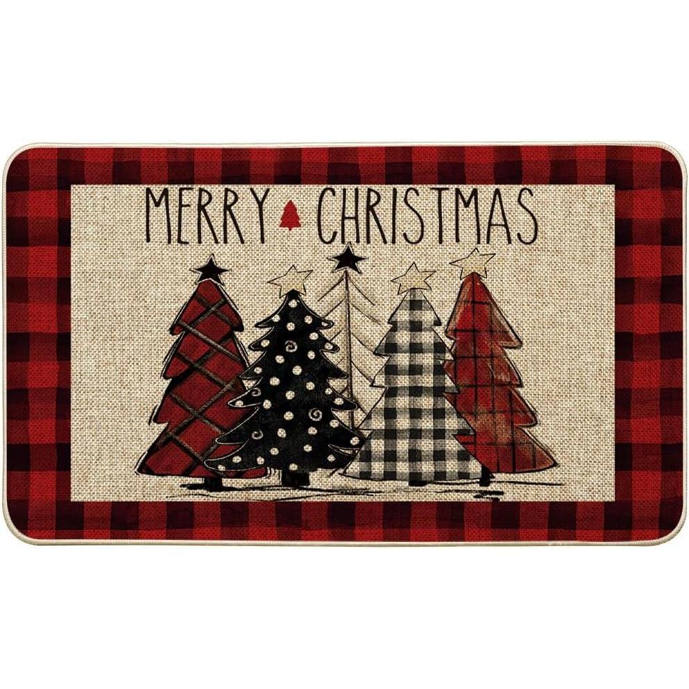 imageArtoid Mode Watercolor Buffalo Plaid Christmas Trees Welcome Decorative Doormat Seasonal Winter LowProfile Rug Switch Mat for Indoor Outdoor 17x29 InchRedBeige