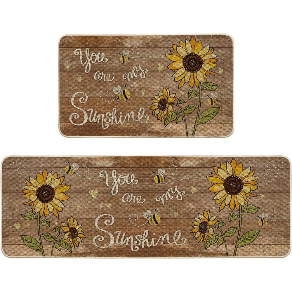 imageArtoid Mode Wood Bee Sunflower Spring Kitchen Mats Set of 2 Summer Home Decor LowProfile Kitchen Rugs for Floor  17x29 and 17x47 InchBrown