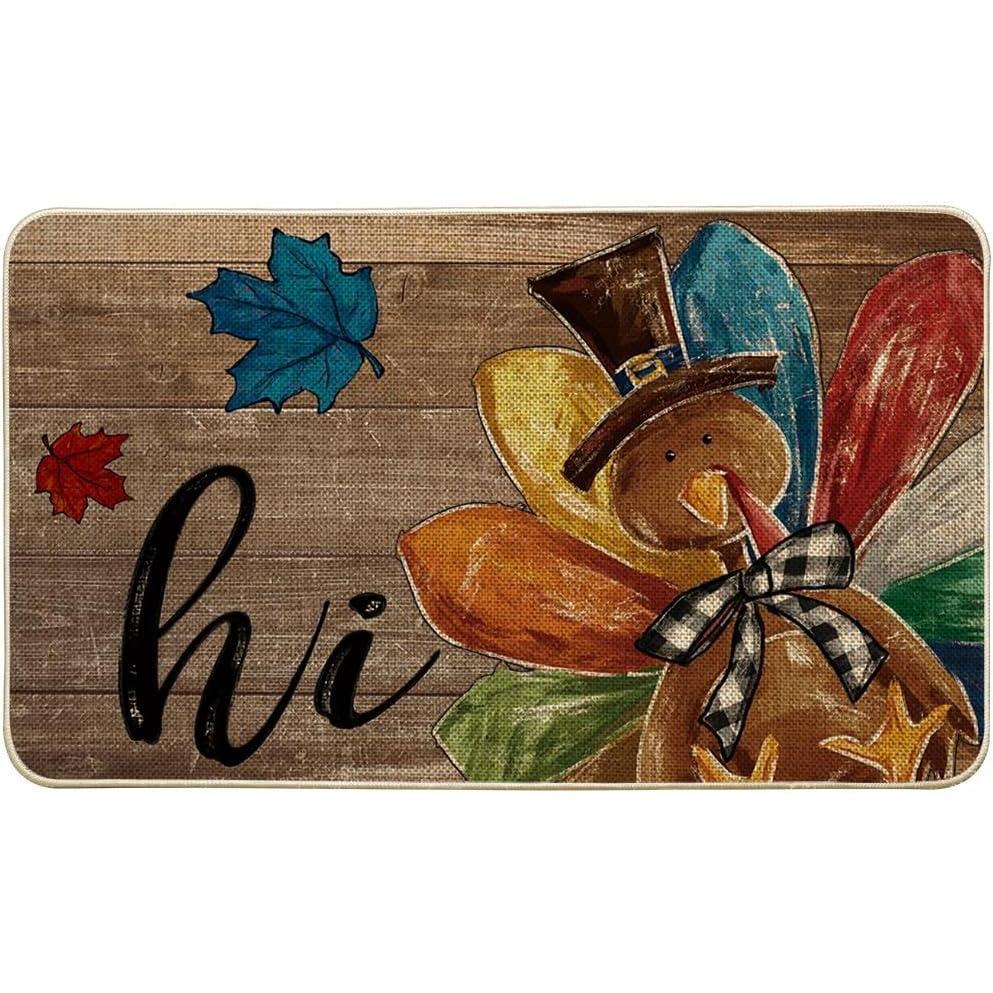 imageArtoid Mode Wood Leaves Hi Turkey Thanksgiving Doormat Thanksful Home Decor LowProfile Switch Rug Floor Mat Door Mat for Outdoor Indoor 17x29 Inch