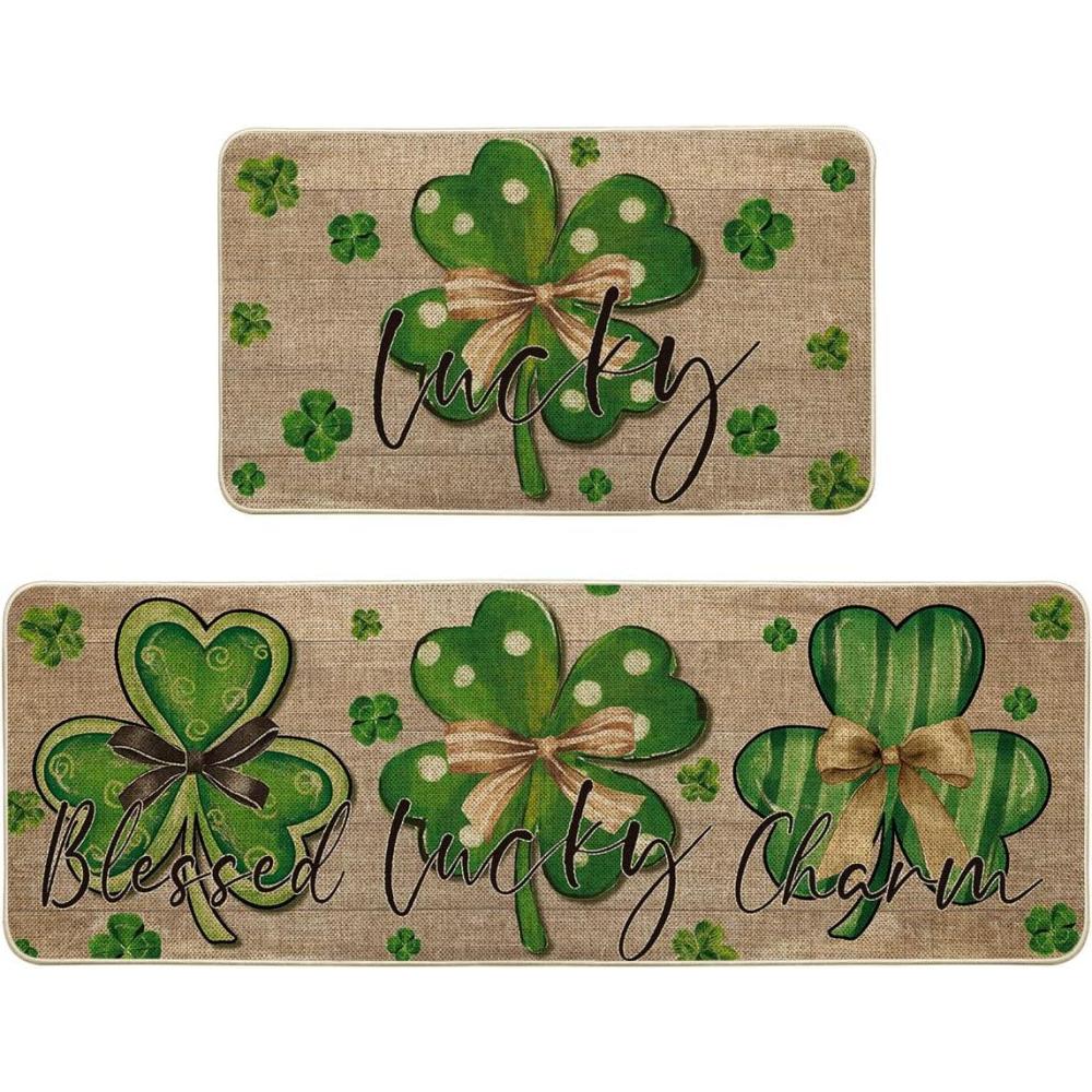 imageArtoid Mode Wood Lucky Shamrock Blessed Charm St Patricks Day Kitchen Mats Set of 2 Home Decor LowProfile Kitchen Rugs for Floor  17x29 and 17x47 Inch