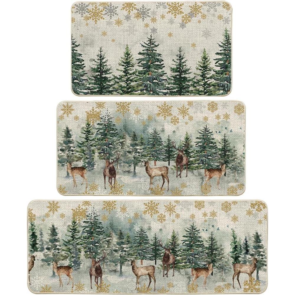 imageArtoid Mode Xmas Trees Deer Snowflakes Christmas Kitchen Mats Set of 2 Winter Home Decor LowProfile Kitchen Rugs for Floor 17x29 and 17x47 InchGreen