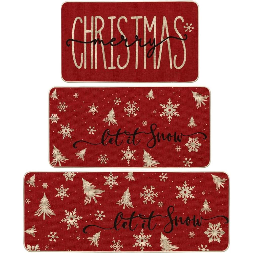 imageArtoid Mode Xmas Trees Snowflake Let It Snow Merry Christmas Kitchen Mats Set of 2 Winter Decor LowProfile Kitchen Rugs  17x29 and 17x47 InchRed