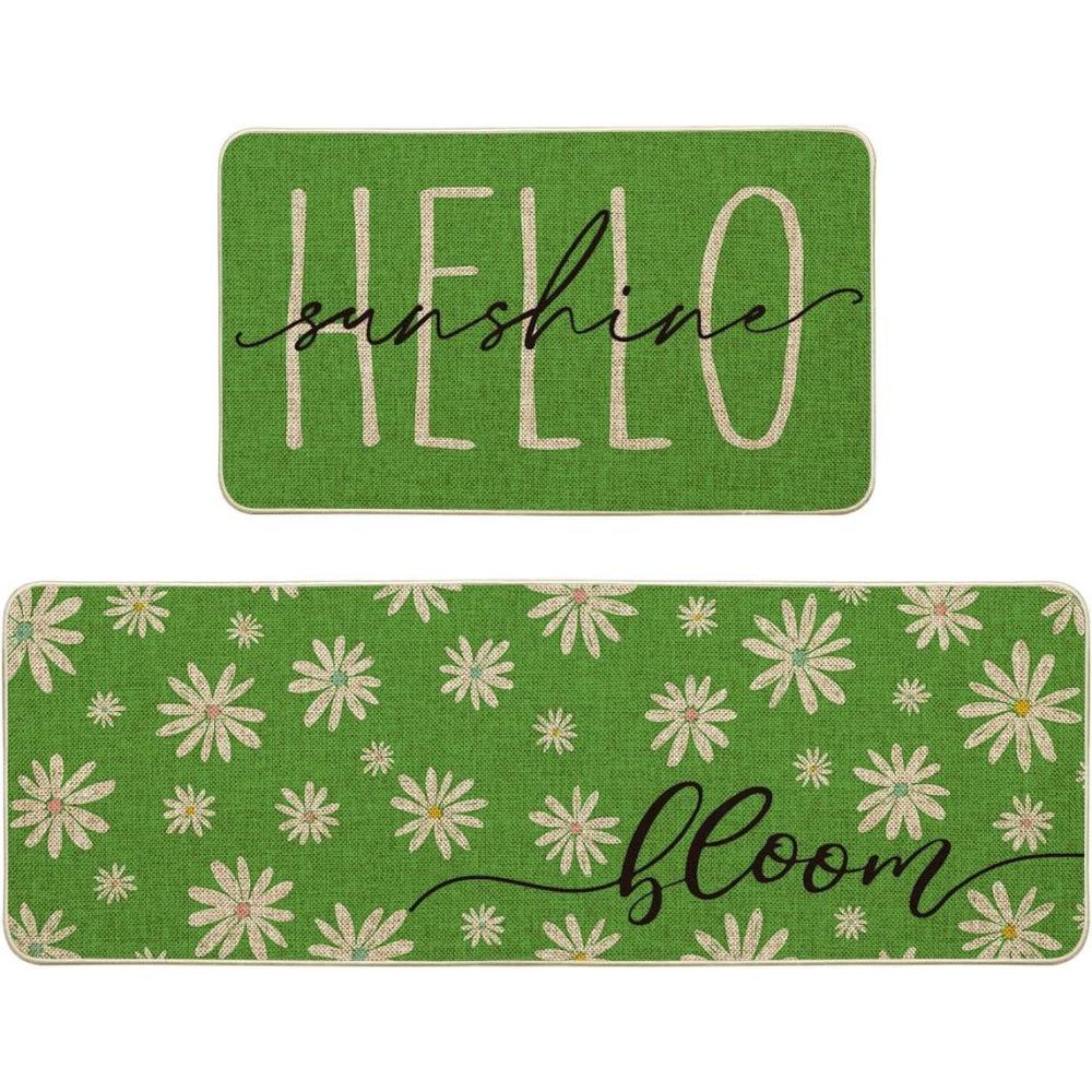 imageArtoid Mode Yellow Daisy Hello Sunshine Bloom Spring Kitchen Mats Set of 2 Home Decor LowProfile Kitchen Rugs for Floor  17x29 and 17x47 InchGreen