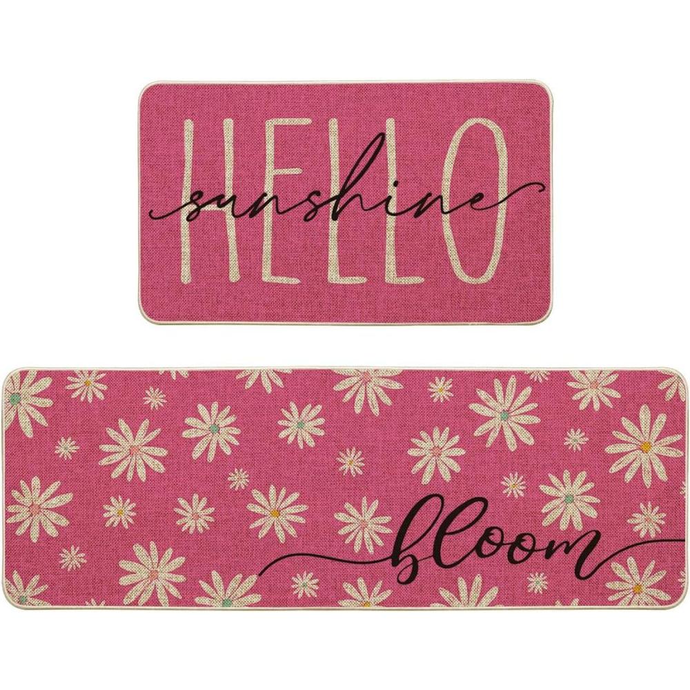 imageArtoid Mode Yellow Daisy Hello Sunshine Bloom Spring Kitchen Mats Set of 2 Home Decor LowProfile Kitchen Rugs for Floor 17x29 and 17x47 InchPink