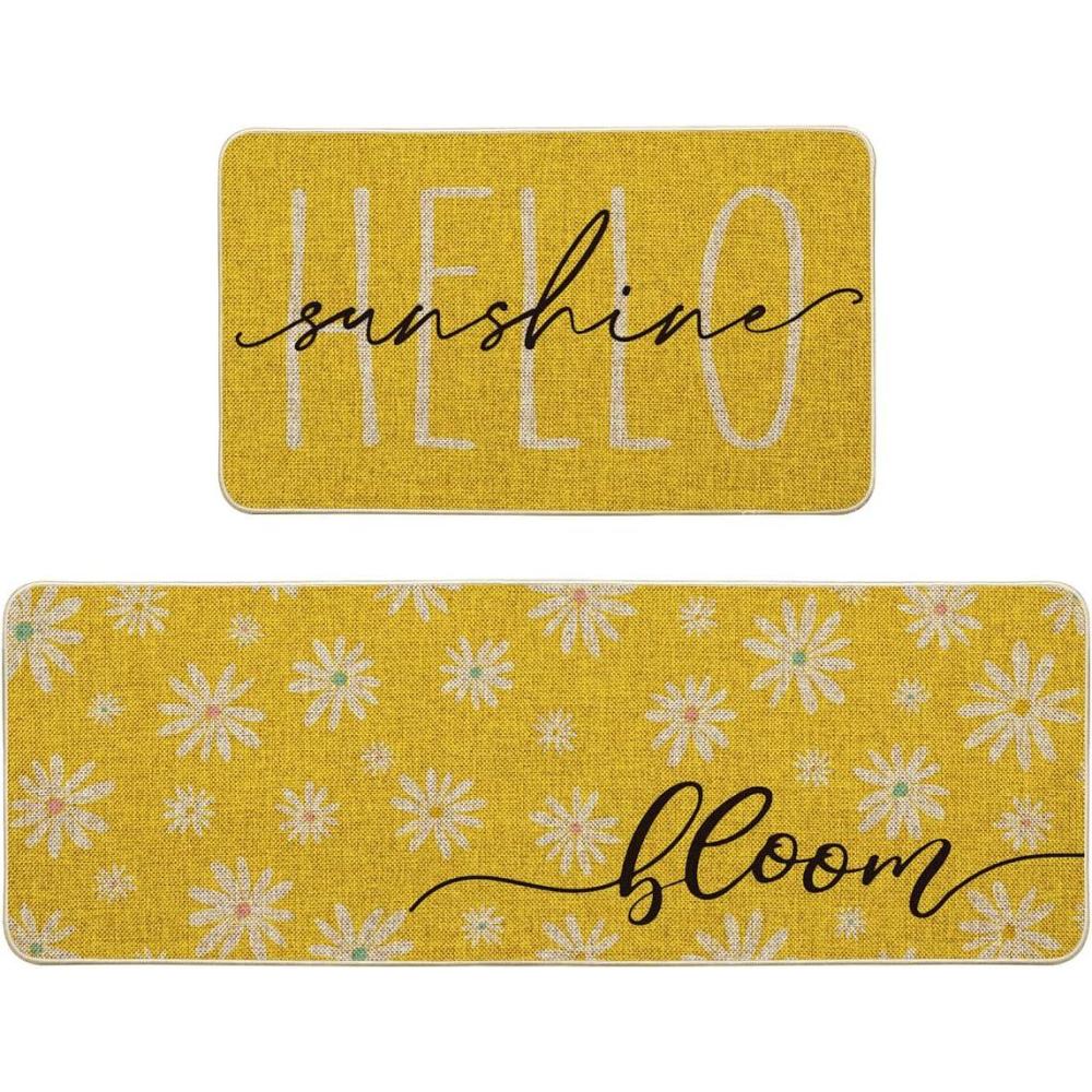 imageArtoid Mode Yellow Daisy Hello Sunshine Bloom Spring Kitchen Mats Set of 2 Home Decor LowProfile Kitchen Rugs for Floor 17x29 and 17x47 InchYellow