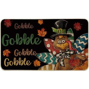 Artoid Mode Black Gobble Turkey Thanksgiving Doormat, Thanksful Maple Leaves Home Decor Low-Profile Switch Rug Door Mat Floor Mat for Indoor Outdoor 17×29 Inch(Black)