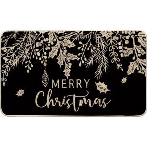 Artoid Mode Black Holly Mistletoe Merry Christmas Doormat, Xmas Winter Home Decor Low-Profile Switch Rug Door Mat Floor Mat for Indoor Outdoor 17×29 Inch(Black)