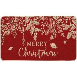 Artoid Mode Black Holly Mistletoe Merry Christmas Doormat, Xmas Winter Home Decor Low-Profile Switch Rug Door Mat Floor Mat for Indoor Outdoor 17×29 Inch(Red)