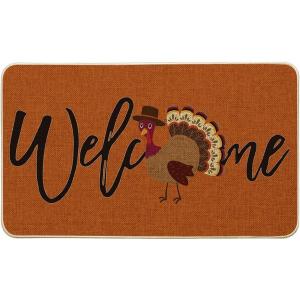 Artoid Mode Turkey Thanksgiving Welcome Doormat, Thanksful Home Decor Low-Profile Switch Rug Door Mat Floor Mat for Indoor Outdoor 17×29 Inch(Orange)