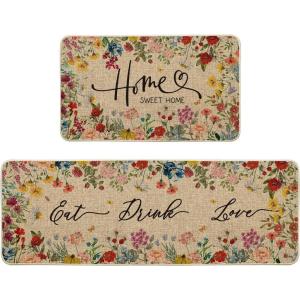 Artoid Mode Vintage Butterfly Flowers Spring Kitchen Mats Set of 2, Summer Home Decor Low-Profile Kitchen Rugs for Floor – 17×29 and 17×47 Inch