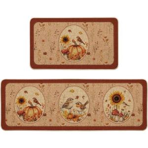 Artoid Mode Vintage Mushroom Bird Pumpkin Fall Kitchen Mats Set of 2, Autumn Home Decor Low-Profile Kitchen Rugs for Floor – 17×29 and 17×47 Inch