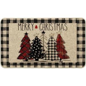Artoid Mode Watercolor Buffalo Plaid Christmas Trees Welcome Decorative Doormat, Seasonal Winter Low-Profile Rug Switch Mat for Indoor Outdoor 17×29 Inch(Black/Beige)
