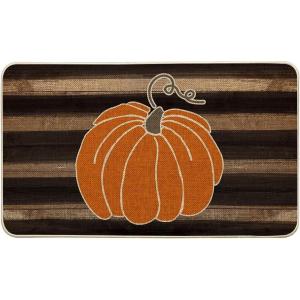 Artoid Mode Watercolor Stripes Pumpkin Decorative Doormat, Fall Seasonal Harvest Thanksgiving Vintage Rustic Low-Profile Yard Floor Mat Switch Mat for Indoor Outdoor 17 x 29 Inch(Brown)