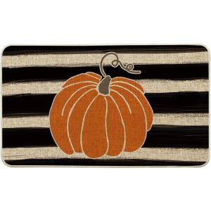 Artoid Mode Watercolor Stripes Pumpkin Decorative Doormat, Fall Seasonal Harvest Thanksgiving Vintage Rustic Low-Profile Yard Floor Mat Switch Mat for Indoor Outdoor 17 x 29 Inch(Beige)