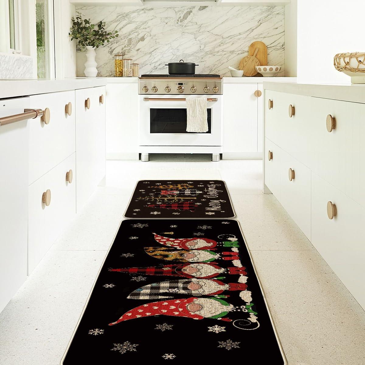 imageArtoid Mode Buffalo Plaid Tree Gnomes Black Christmas Kitchen Rugs Set of 2 Winter LowProfile Floor Mat Merry Home Decora for Floor 17x29 and 17x47 Inch