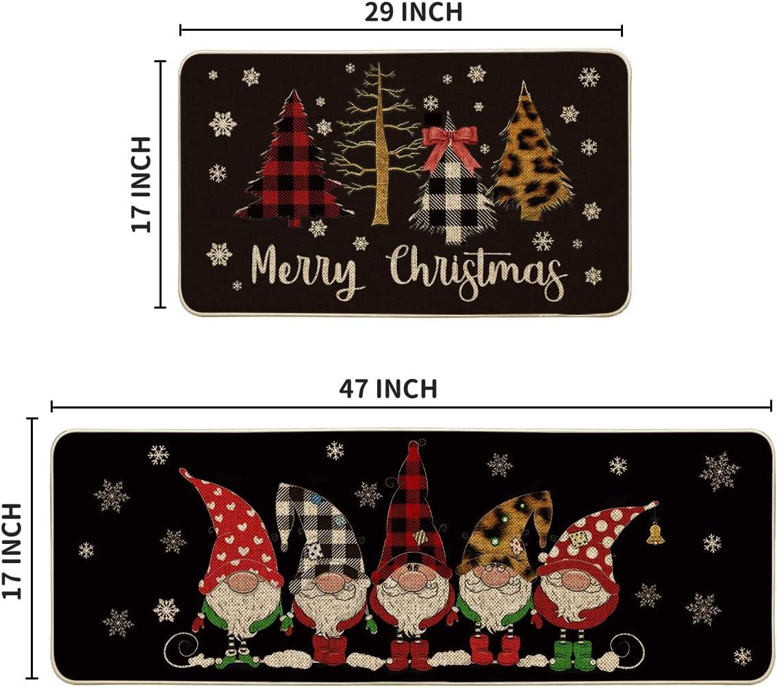 imageArtoid Mode Buffalo Plaid Tree Gnomes Black Christmas Kitchen Rugs Set of 2 Winter LowProfile Floor Mat Merry Home Decora for Floor 17x29 and 17x47 Inch