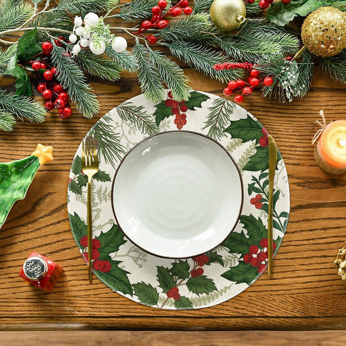 imageArtoid Mode Holly Xmas Pine Christmas Round Placemats Set of 4 14 Inch Winter Round Table Mats for Vintage Dining DecorationRedGreen