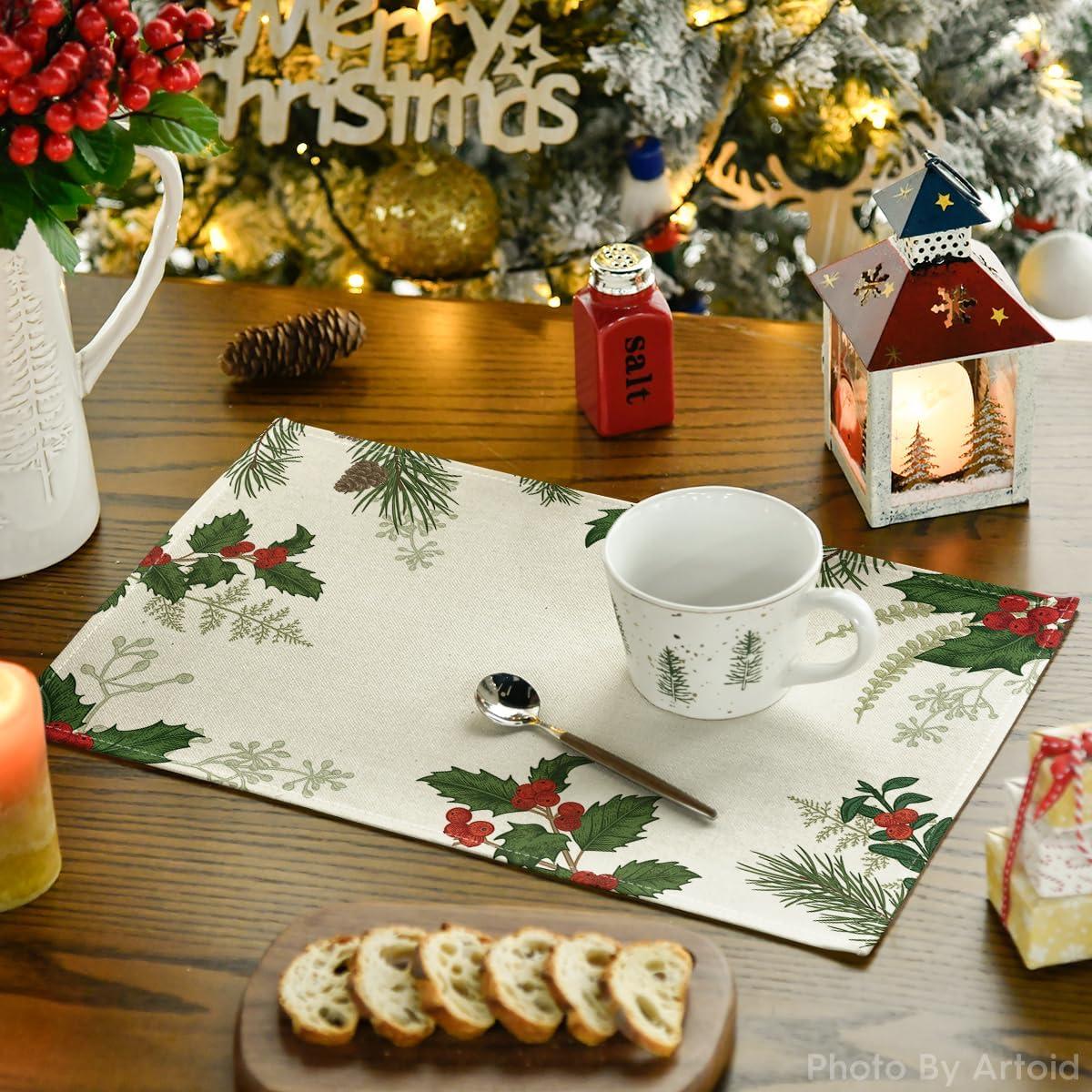 imageArtoid Mode Holly Xmas Pine Christmas Round Placemats Set of 4 14 Inch Winter Round Table Mats for Vintage Dining DecorationRedGreen