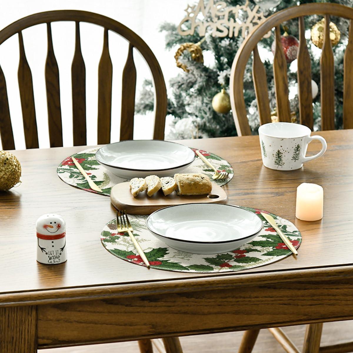 imageArtoid Mode Holly Xmas Pine Christmas Round Placemats Set of 4 14 Inch Winter Round Table Mats for Vintage Dining DecorationRedGreen