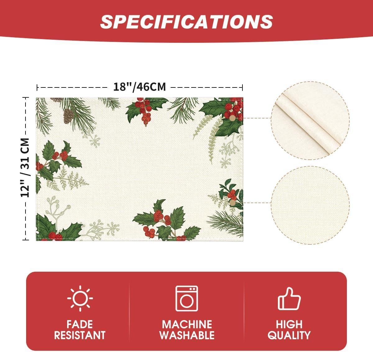 imageArtoid Mode Holly Xmas Pine Christmas Round Placemats Set of 4 14 Inch Winter Round Table Mats for Vintage Dining DecorationRedGreen