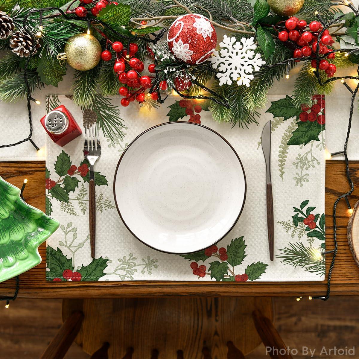 imageArtoid Mode Holly Xmas Pine Christmas Round Placemats Set of 4 14 Inch Winter Round Table Mats for Vintage Dining DecorationRedGreen