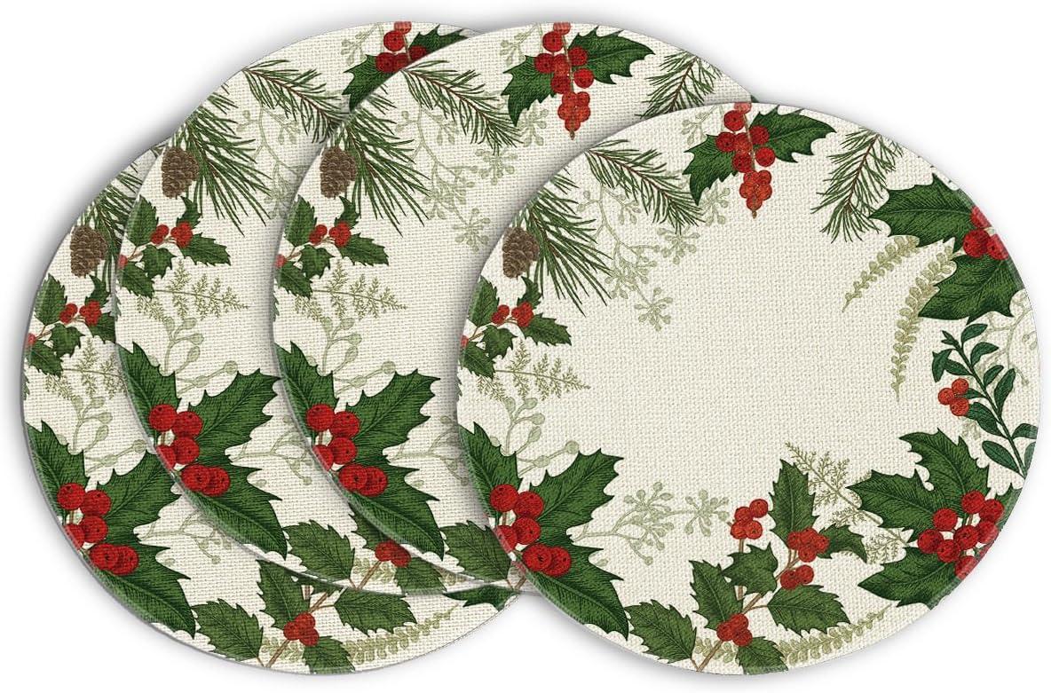 imageArtoid Mode Holly Xmas Pine Christmas Round Placemats Set of 4 14 Inch Winter Round Table Mats for Vintage Dining DecorationRedGreen